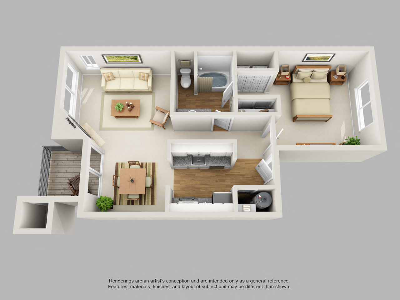 Floor plan for 1 bed, 1 bath, 727 sqft